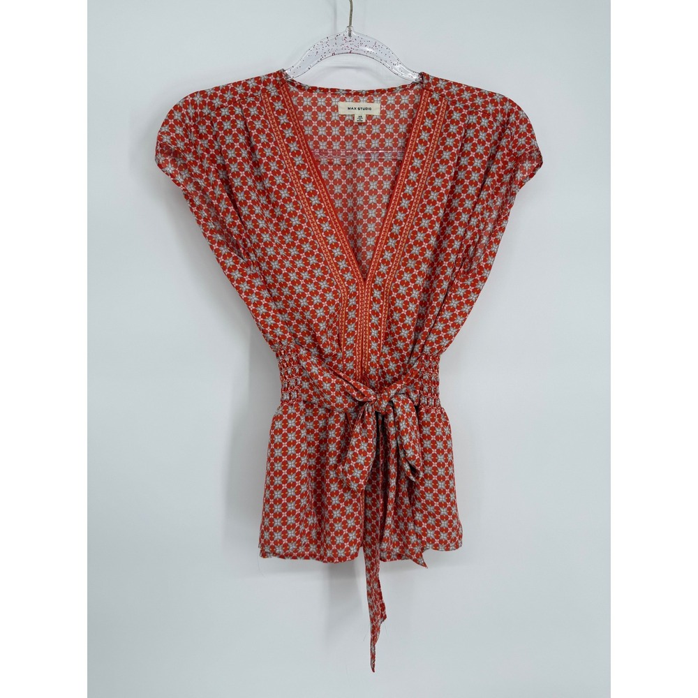 Max Studio Red Geometric Floral Smocked Peplum Tie Waist Blouse Sz XS